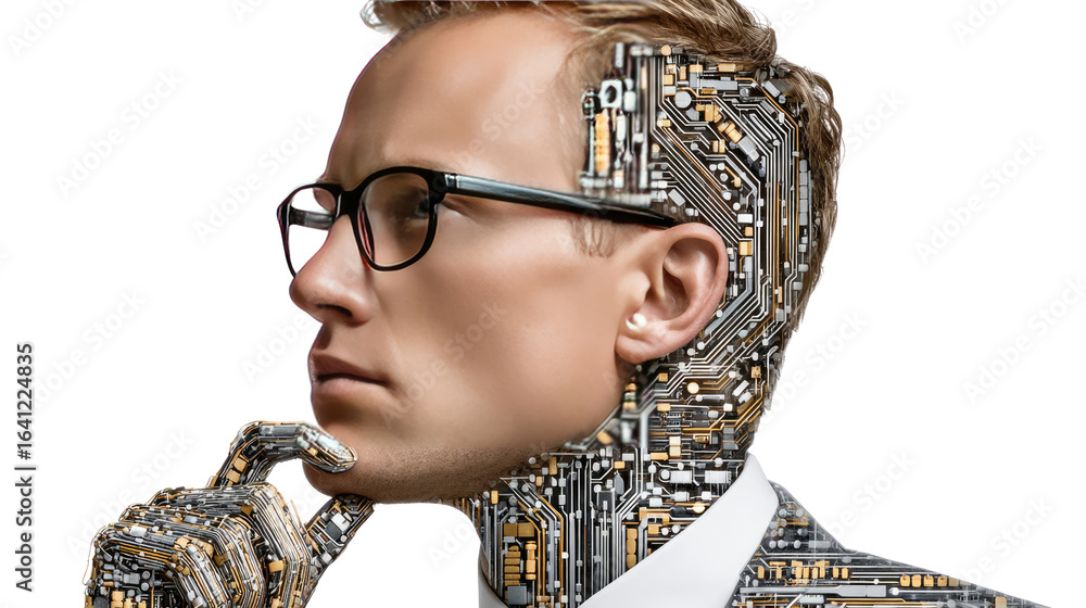 Poster digital mind: a striking image of a man, his features subtly merging with intricate circuits, symbol