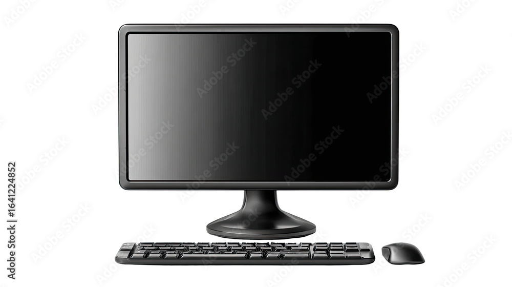 Poster minimalist desktop setup: a sleek, modern desktop computer setup features a black monitor, keyboard,