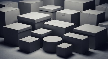 Obraz premium Monochromatic geometric arrangement of gray boxes and a cylinder shape item