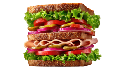 Delicious Club Sandwich: A mouthwatering club sandwich, overflowing with fresh ingredients and tantalizing textures. The image portrays a high-angle, detailed shot.