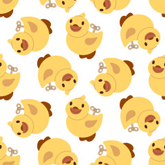 Packaging a children's toy duck with a key that makes it move. Flat color seamless texture. Toy for outdoor games. Cute illustration of children's toys. Retro-style packaging for children's products