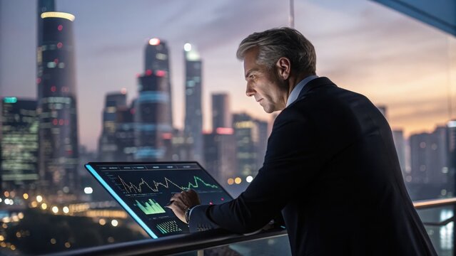 Executive analyzing futuristic financial data on touchscreen with city skyline in background. High-tech interface and cyberpunk style visuals.