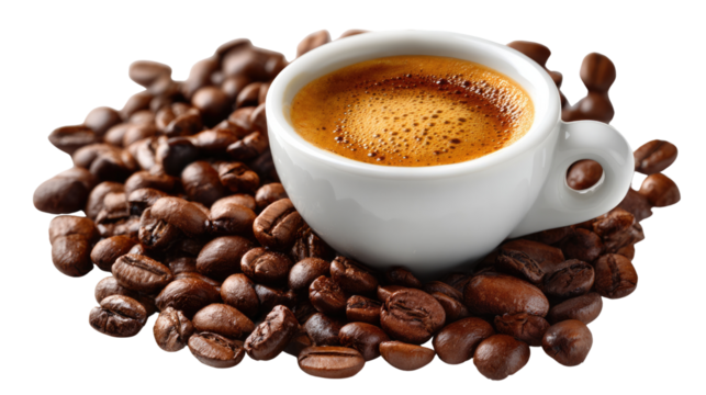 Coffee Cup and Coffee Beans: An inviting view of a perfect cup of coffee, cradled by a rich bed of roasted coffee beans, evokes the warmth of a cozy cafe setting and the bold taste of espresso.