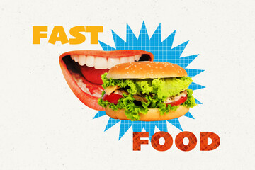 Image full art pop trend collage of human mouth bite cheeseburger ingredient fast food nutrition cafeteria order junk meal