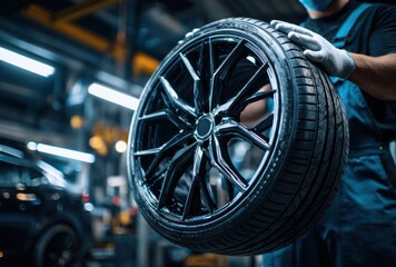 A close-up shot depicts a mechanic carefully handling a tire and rim assembly during a vehicle maintenance procedure in a professional workshop setting.