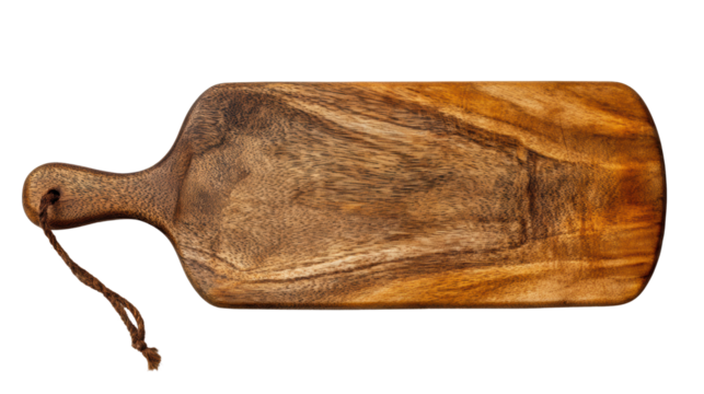Handcrafted wooden cutting board, natural finish, isolated on white background.