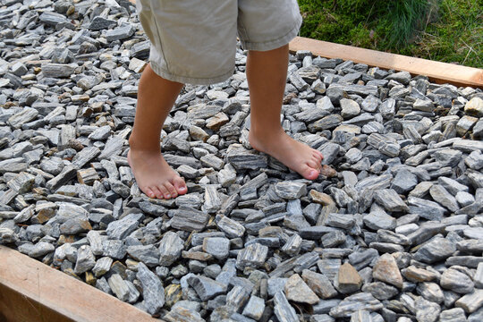 Boy&rsquo;s bare feet walking on a sensory path in a pine forest