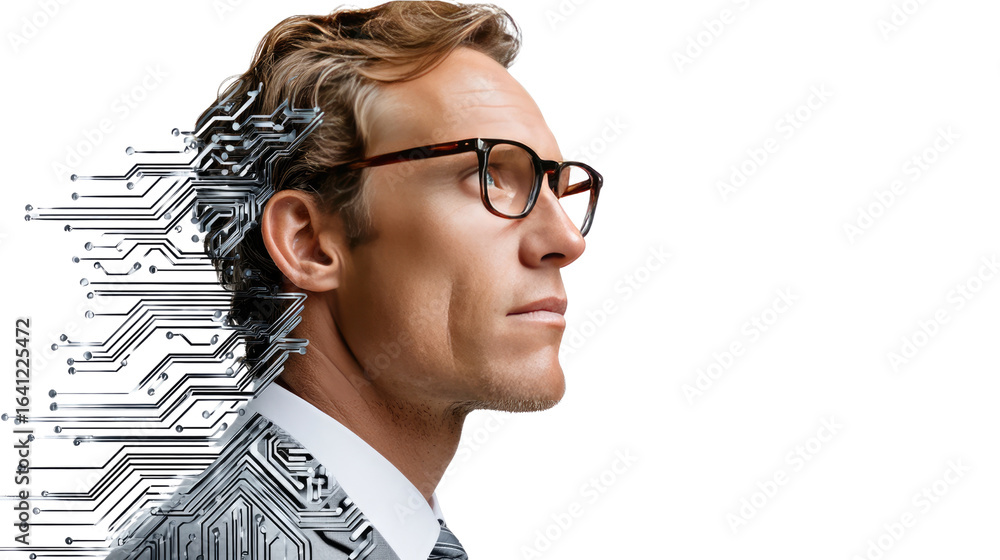 Poster tech-enhanced cognition: a portrait of a thoughtful individual, integrated with the circuits of tech