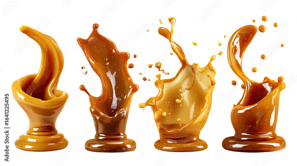 Aufkleber caramel splash: an artistic ensemble showcasing four distinct caramel splashes in a harmonious dance