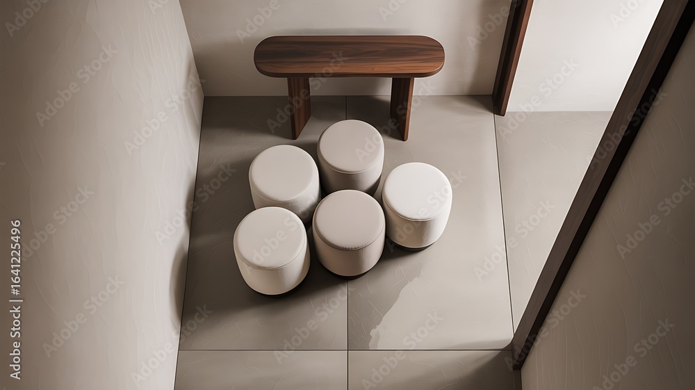 Poster a minimalist interior featuring a set of round stools and a wooden bench, creating a clean and simpl