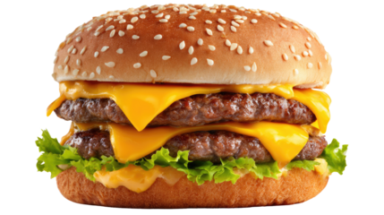 Double Cheeseburger Delight: A mouthwatering close-up of a juicy double cheeseburger featuring layers of melted cheese, fresh lettuce, and a toasted sesame seed bun.