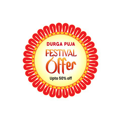 Durga Puja festival sale sticker featuring vibrant colors, festive typography, and ornamental design elements. Ideal for seasonal marketing, retail packaging, social media promotions, and print.