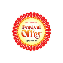 Durga Puja festival sale sticker featuring vibrant colors, festive typography, and ornamental design elements. Ideal for seasonal marketing, retail packaging, social media promotions, and print.