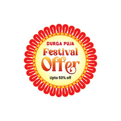 Durga Puja festival sale sticker featuring vibrant colors, festive typography, and ornamental design elements. Ideal for seasonal marketing, retail packaging, social media promotions, and print.