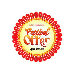 Durga Puja festival sale sticker featuring vibrant colors, festive typography, and ornamental design elements. Ideal for seasonal marketing, retail packaging, social media promotions, and print.