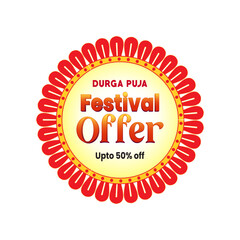 Durga Puja festival sale sticker featuring vibrant colors, festive typography, and ornamental design elements. Ideal for seasonal marketing, retail packaging, social media promotions, and print.