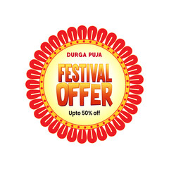 Durga Puja festival sale sticker featuring vibrant colors, festive typography, and ornamental design elements. Ideal for seasonal marketing, retail packaging, social media promotions, and print.
