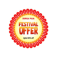 Durga Puja festival sale sticker featuring vibrant colors, festive typography, and ornamental design elements. Ideal for seasonal marketing, retail packaging, social media promotions, and print.