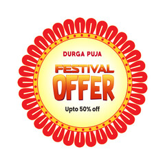 Durga Puja festival sale sticker featuring vibrant colors, festive typography, and ornamental design elements. Ideal for seasonal marketing, retail packaging, social media promotions, and print.