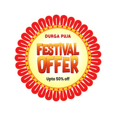 Durga Puja festival sale sticker featuring vibrant colors, festive typography, and ornamental design elements. Ideal for seasonal marketing, retail packaging, social media promotions, and print.