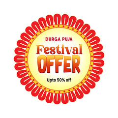 Durga Puja festival sale sticker featuring vibrant colors, festive typography, and ornamental design elements. Ideal for seasonal marketing, retail packaging, social media promotions, and print.
