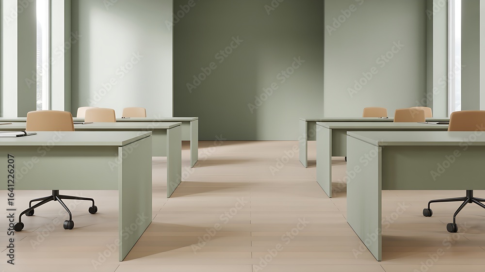 Poster a modern and minimalist office interior featuring rows of empty desks and chairs, creating a clean a