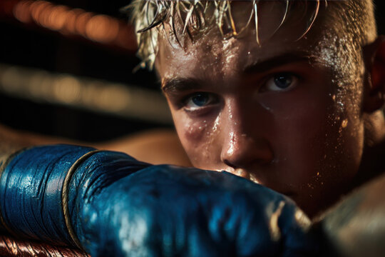 Close up young male boxer with blue glove resting on ring rope intense focus and determination sweat on face dramatic lighting athletic sport competition strength perseverance