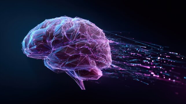 Futuristic wireframe brain with neon lines and digital particles