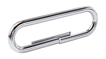 Metal carabiner clip, silver color, isolated on white background.