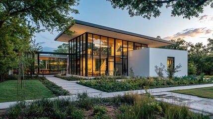 Fototapeta premium Modern glass house with landscaped garden