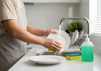 Cropped shot of a person in an apron washing a plate with a sponge under running water in a kitchen sink. Daily household chores and domestic hygiene concept.