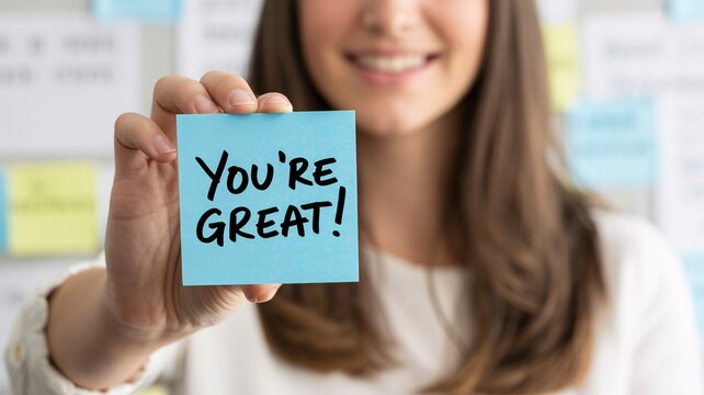 Woman holding blue sticky note with you’re great message, positive encouragement, motivation and appreciation.