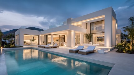 Fototapeta premium Luxury Villa Exterior with Swimming Pool at Dusk: Modern Architecture and Design