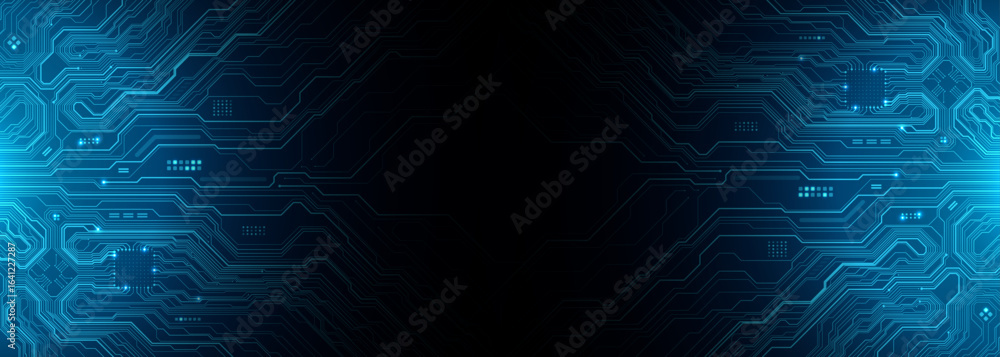 Poster circuit board horizontal web banner background. blue technology ai chip and thin line wires, and com