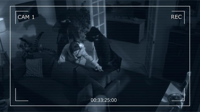 Security camera footage of two unrecognizable thieves intimidating woman with help of gun, screaming and asking about cash and jewelry