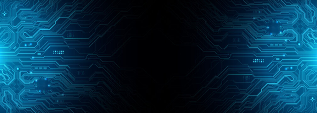 Circuit board horizontal web banner background. Blue technology AI chip and thin line wires, and computer motherboard components. Futuristic tech pattern or texture on dark blue. Vector illustration