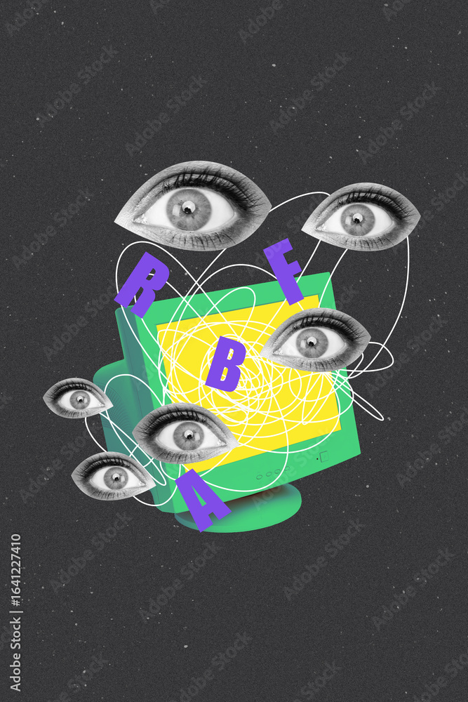 Poster trend artwork sketch montage 3d collage of retro style computer monitor cybersecurity eyes watch use