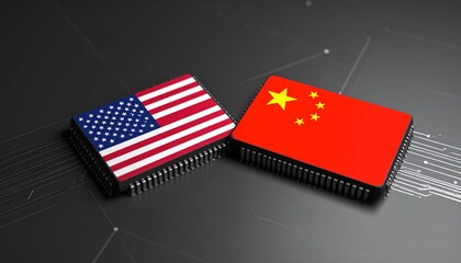 Obraz premium Microchips placed beneath American and Chinese flags, symbolizing the tech war and semiconductor rivalry between the US and China.
