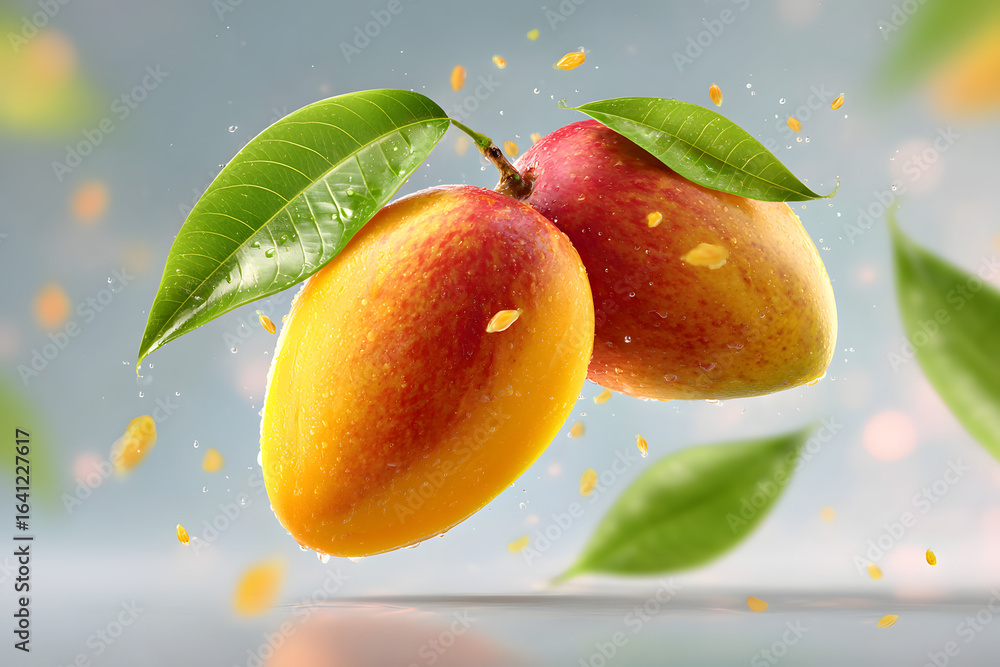 Poster mango with half slices falling or floating in the air with green leaves isolated on background, fres