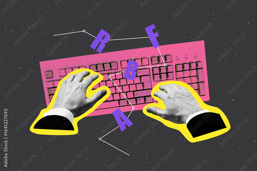 Poster 3d collage design composite trend artwork sketch of silhouette two hands type keypad digital keyboar