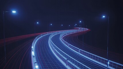Futuristic neon highway with red light trails, smart city infrastructure, digital road network at night.