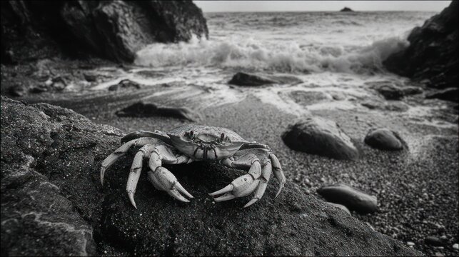 Crab on a rocky beach with crashing waves in the background. (Black and white) - Powered by Adobe