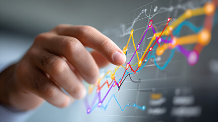 A hand interacting with a digital screen displaying colorful financial data charts and graphs analysis