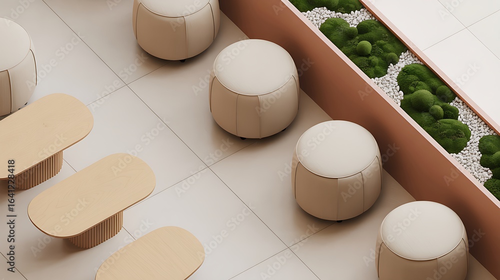 Poster modern interior design featuring beige stools and tables arranged on a tiled floor, complemented by 
