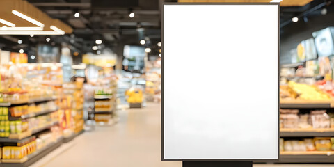 Blank advertising sign in a bustling grocery store setting for product promotion and marketing campaigns