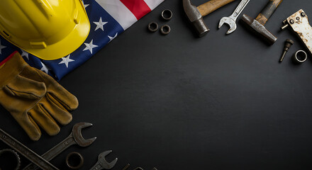 A yellow hard hat, work gloves, and various tools are arranged with an American flag on a dark background, representing Labor Day.