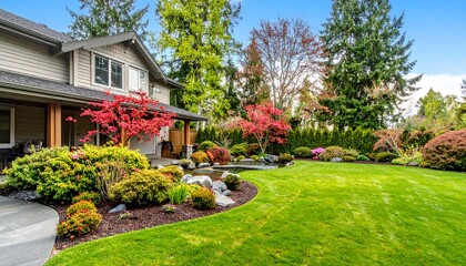 Suburban home's landscaped yard