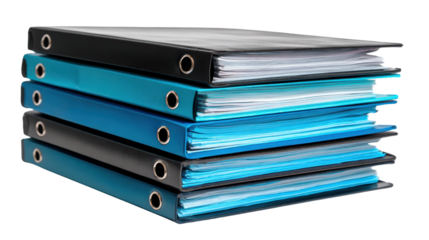 Stack of colorful file binders on a white background for efficient organization and storage.