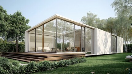 Modern luxury villa with glass facade and garden