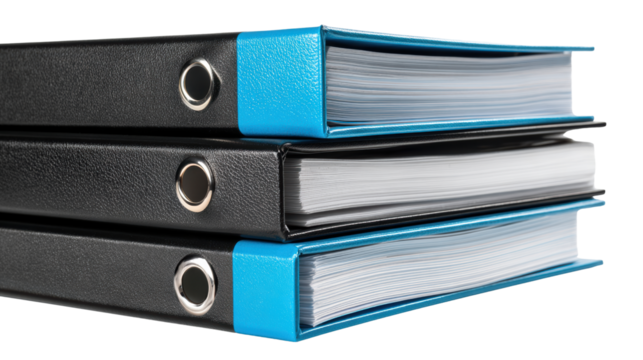 Stack of three black binders with blue accents, isolated on white background.